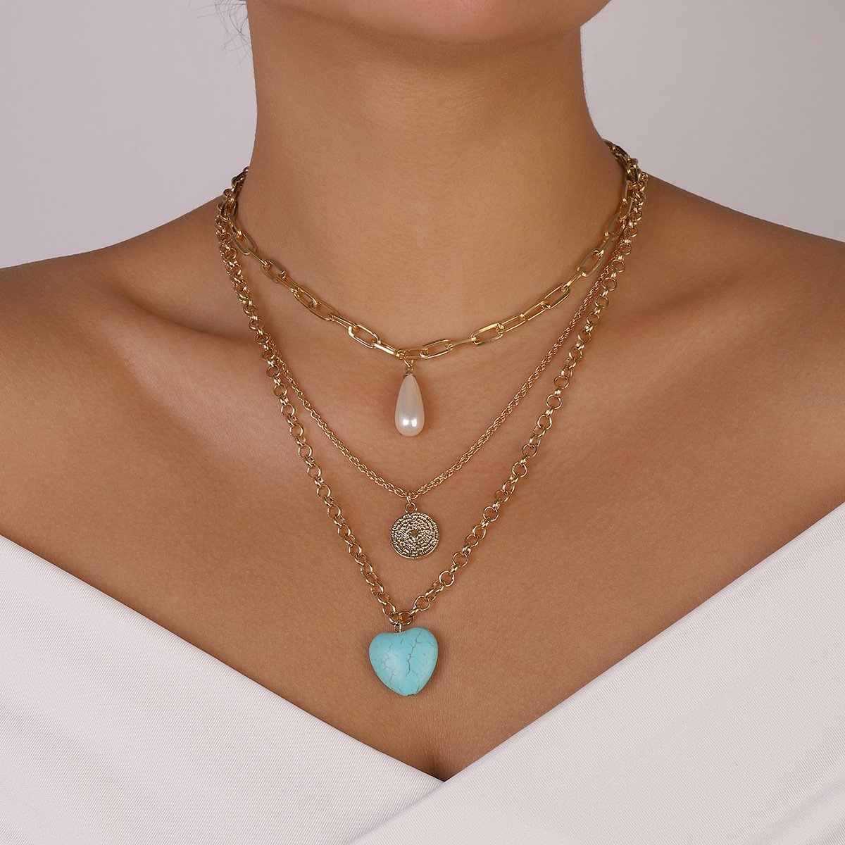 N1189 Multilayer Necklace Turquoise Exaggerated Punk Necklace Retro Personality Fashion Necklace