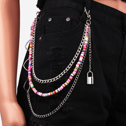 Peach heart multi-layer pants chain hip-hop trend padlock key pendant ins personality waist accessories