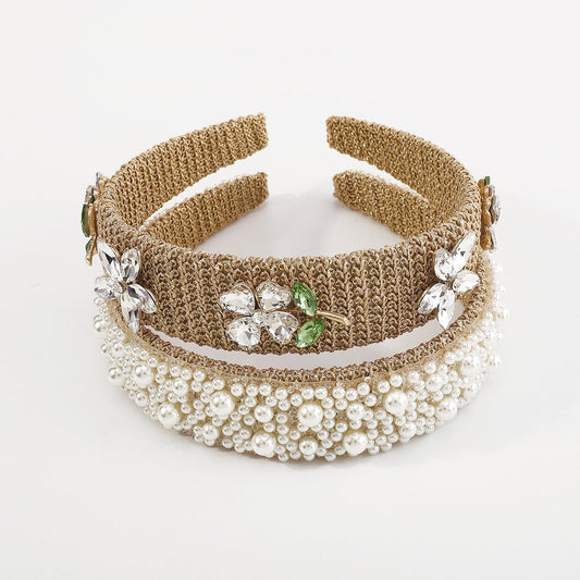 F495 Ethnic retro wide-brimmed creative braided hair hoop imitation pearl flower rhinestone French gentle head hoop for women