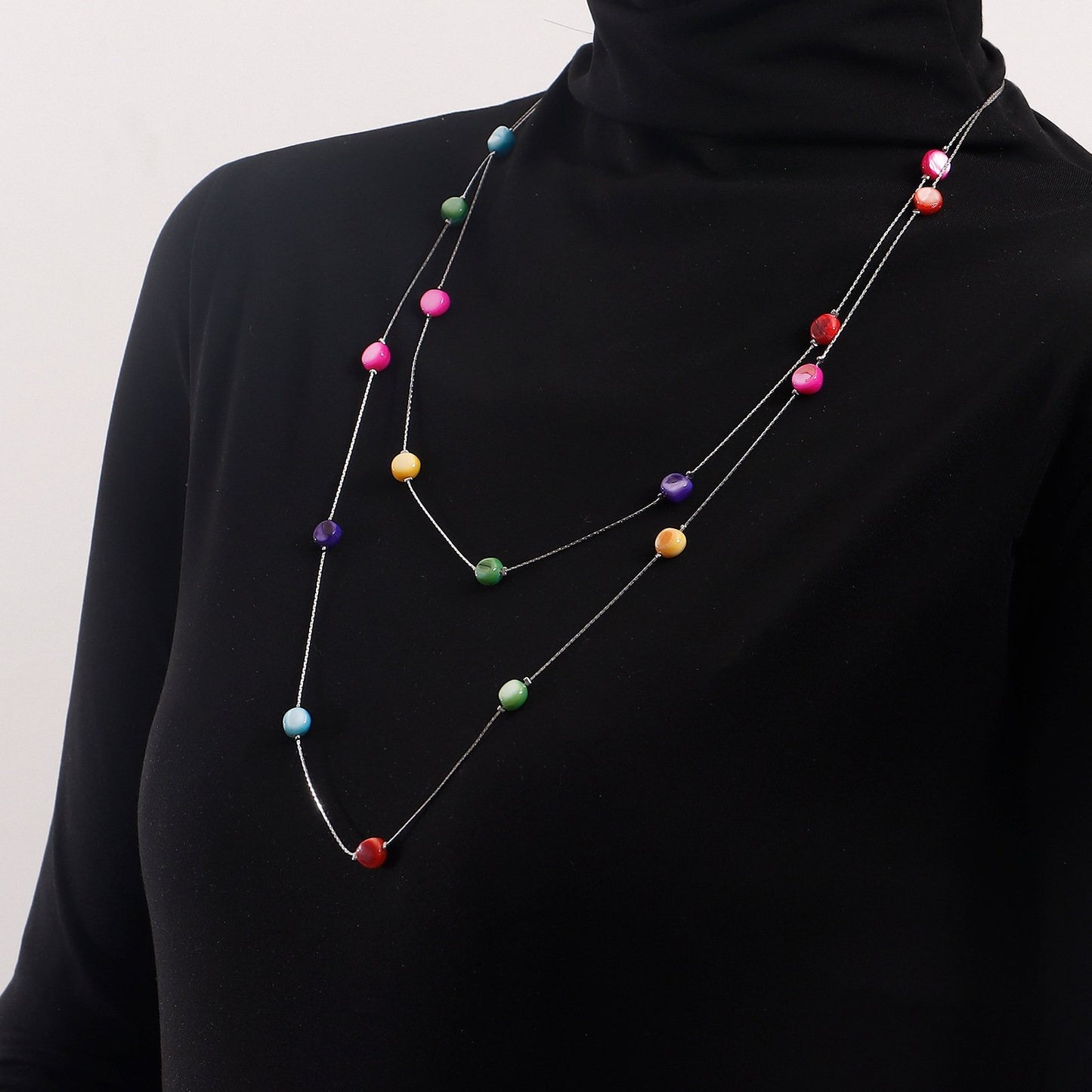 Jewelry long double-layer tassel color zircon necklace women's sweater chain ins metal necklace