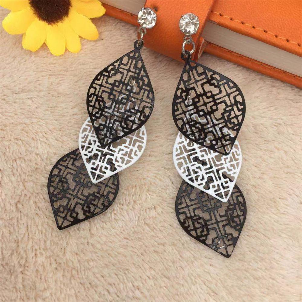 Multi-layer hollow black and white leaf tassel earrings exaggerated retro personality simple all-match earrings earrings women