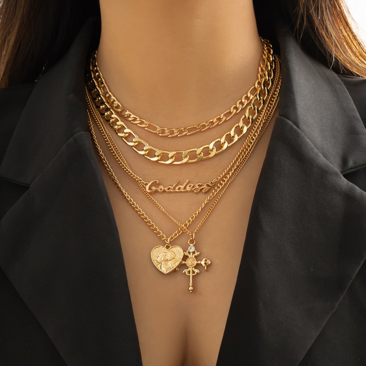 Jewelry retro multi-layer embossed cross portrait necklace hip-hop personality letter chain necklace