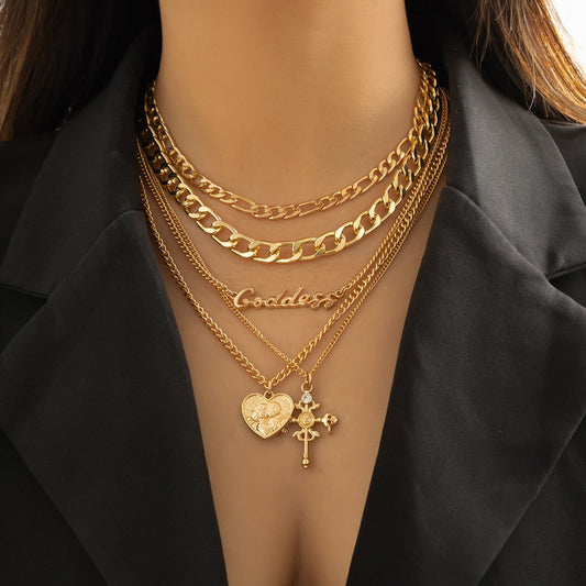 Jewelry retro multi-layer embossed cross portrait necklace hip-hop personality letter chain necklace