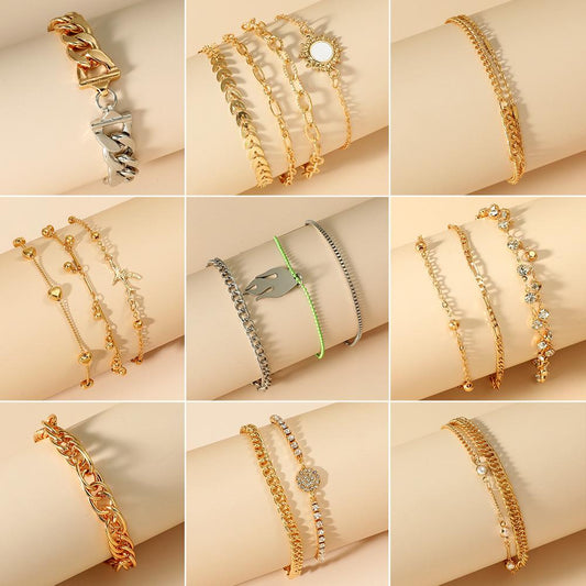 Zircon Bracelet Set Exaggerated Geometric Beaded Thick Chain Bracelet Hollow Multilayer Anklet Women