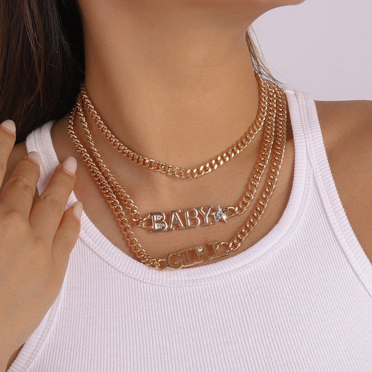 N1319 exaggerated necklace babygirl sweet cool stacked letter necklace punk hip-hop necklace