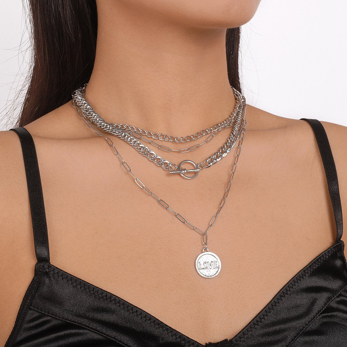 N1421 Jewelry Retro Exaggerated Multi-Layered Wearing Necklace LOVE Disc OT Buckle Chain Necklace