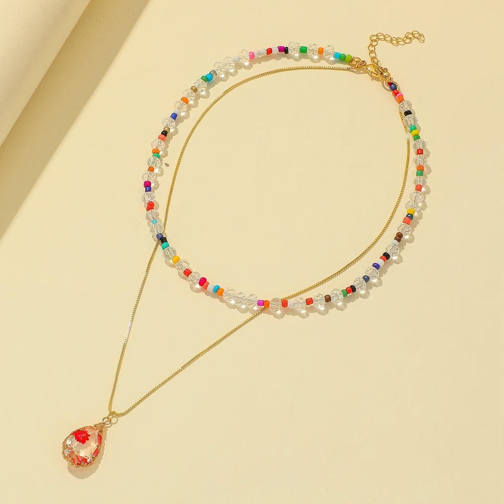 Fashion trend double-layer water drop dried flower resin pendant simple temperament elegant necklace jewelry female