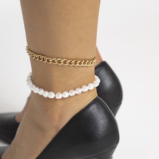 Jewelry simple imitation pearl chain double layer anklet women's all-match beach metal beaded foot decoration