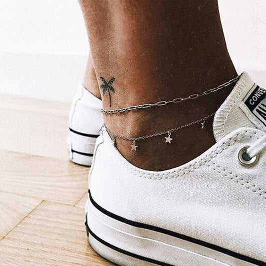 Jewelry summer beach electroplating white K double-layer anklet retro five-pointed star pendant anklet