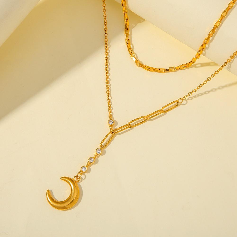 Minimalist stainless steel gold-plated diamond Y-shaped double-layer necklace ins cold titanium steel moon pendant necklace