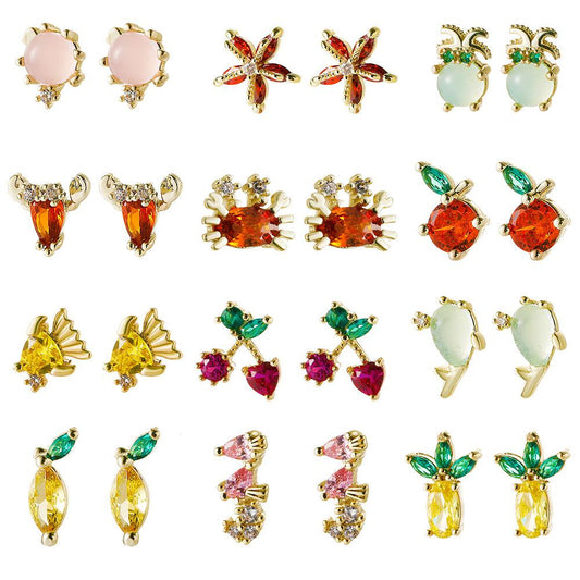 Ins same paragraph ocean earrings cute color zircon copper-plated animal earrings summer creative jewelry female