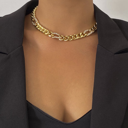 Jewelry Frosty Full Diamond Cuban Buckle Necklace Female Fashion Simple Metal Chain Clavicle Necklace