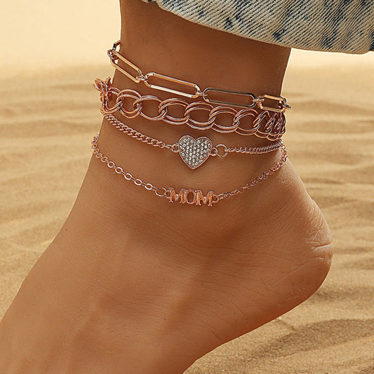 Fashion multi-layer chain anklet set ins personality metal geometric crown love bracelet 4 pieces set for women