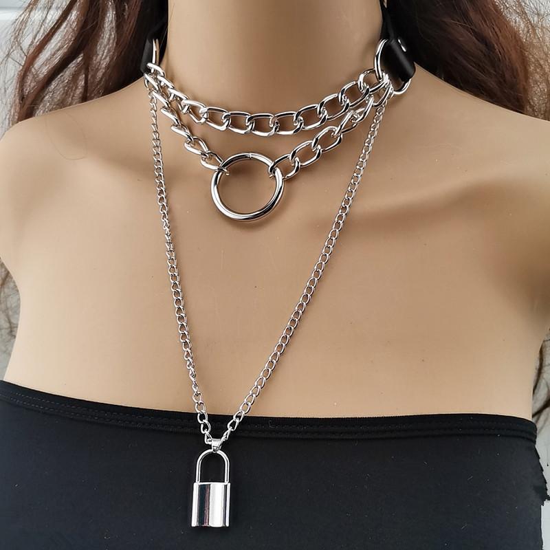 Jewelry Personality Exaggerated PU Metal Necklace Retro Punk Multilayer Chain Geometric Lock Necklace