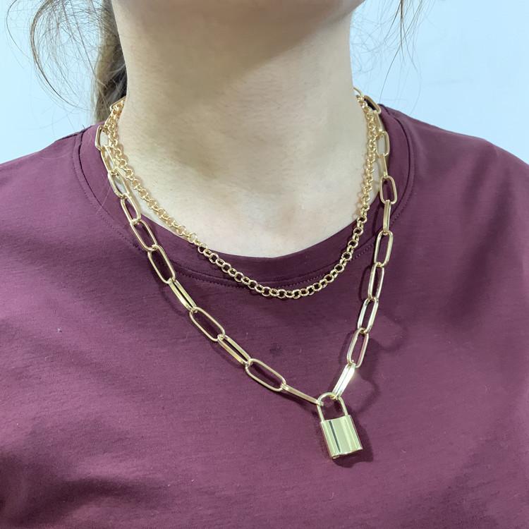 Necklace Retro Punk Exaggerated Thick Chain Necklace Women's Multilayer Hip Hop Lock Necklace Sweater Chain