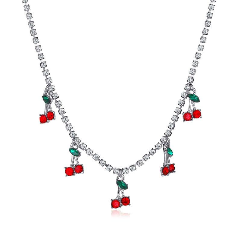 Rhinestone Cherry Necklace Hip Hop Tennis Chain Cherry Pendant Necklace Small Fresh Single Row Micro-studded Diamond Necklace