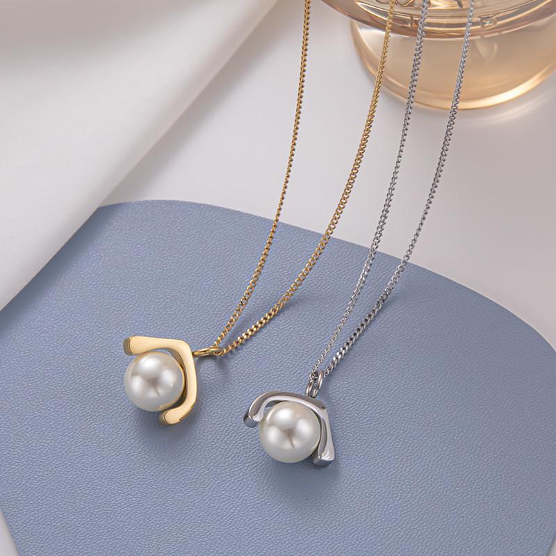 Pearl U-shaped necklace female niche design sense stainless steel temperament ins irregular retro fashion clavicle chain