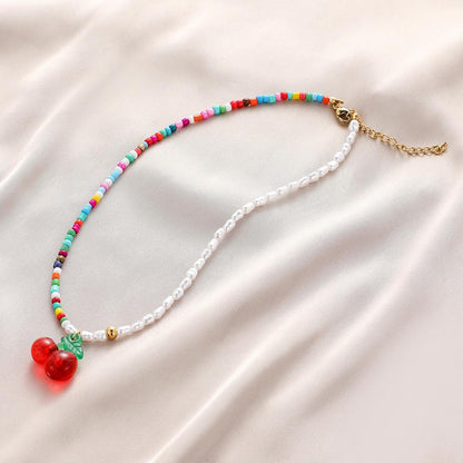 Trendy bohemian color rice beads cherries collarbone chain cute pearl cherry necklace jewelry female