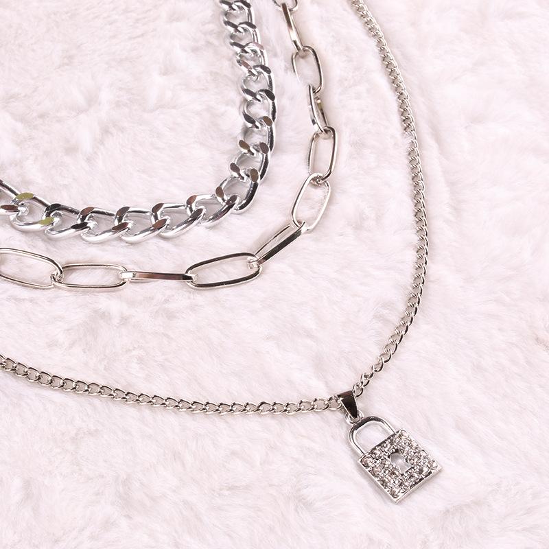Temperamental metal layered exaggerated retro jewelry trendy temperament personality hip-hop metal lock necklace with diamonds