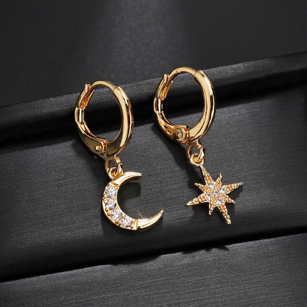 Accessories Personality Asymmetrical Star Moon Earrings Female Micro-inlaid Zircon Earrings Earrings Jewelry