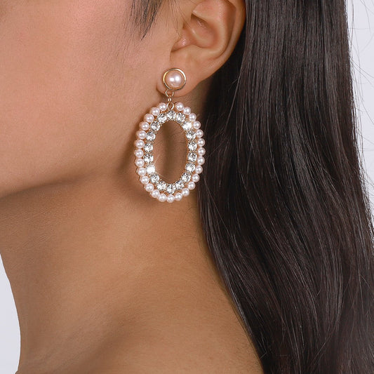 E1754 Baroque pearl rhinestone niche earrings geometric oval elegant retro French gentle earrings for women