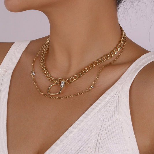 N9161 TikTok inlaid glass diamond geometric chain necklace double layered love punk necklace