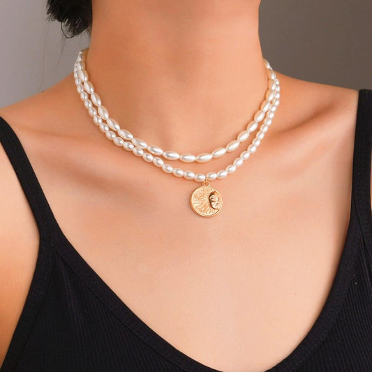 Elegant Temperament Double Imitation Pearl Necklace Fashion Alloy Sun Pendant Necklace Accessories