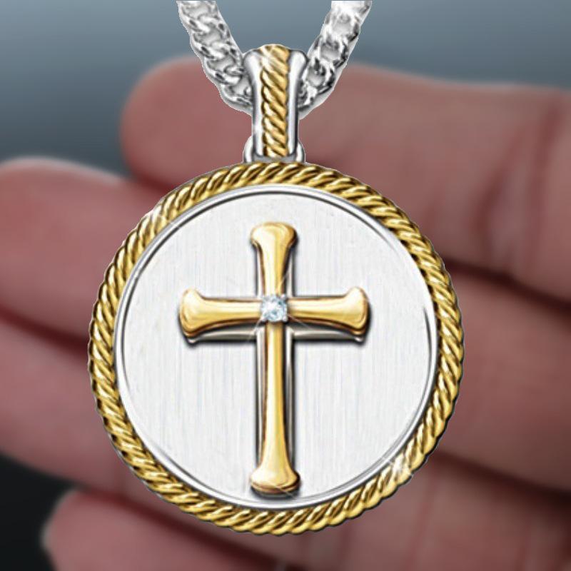 Cross Pendant Necklace Religious Belief Round Tag Necklace Men's Fashion Personality Jewelry Gift