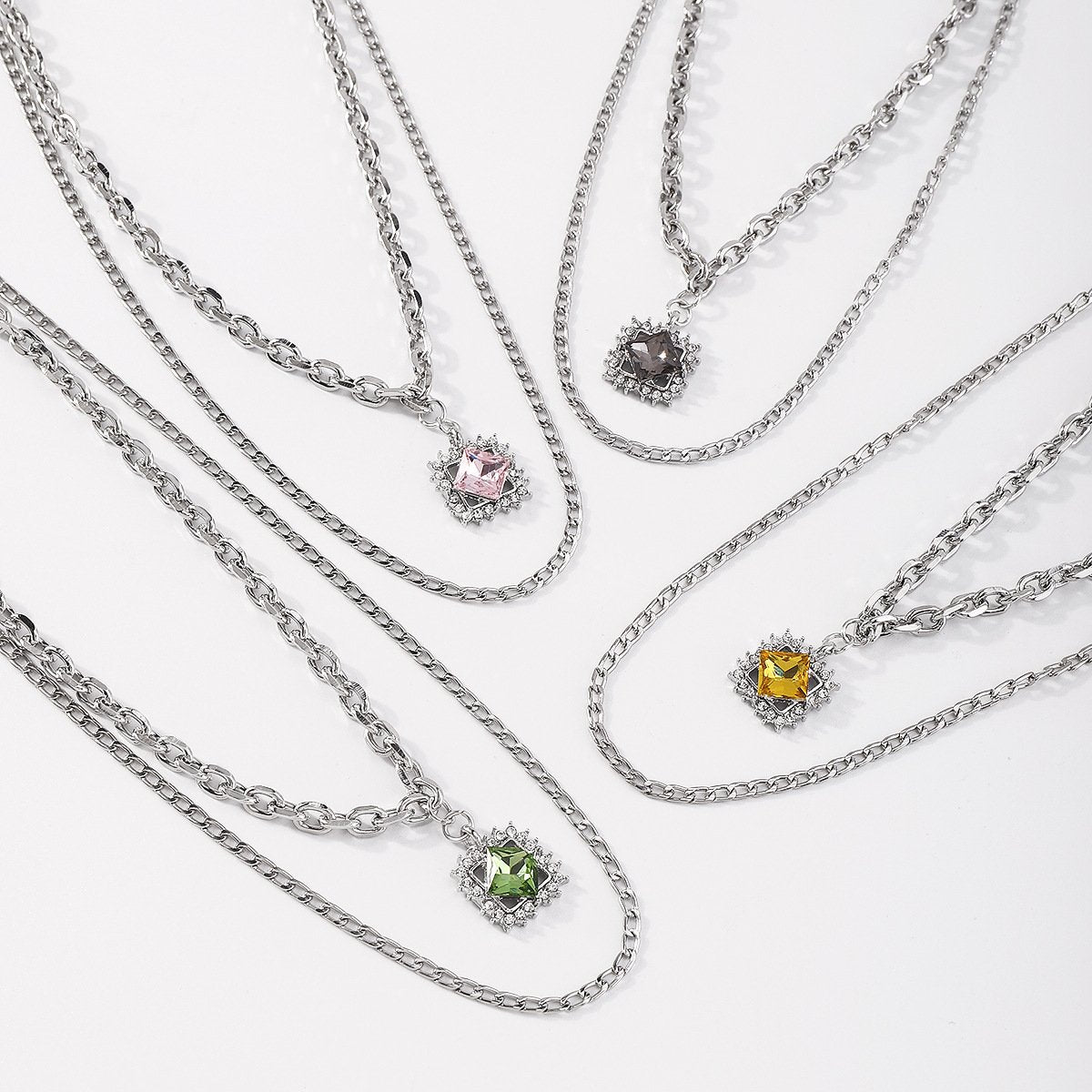 N129 Double Stacked Necklace Square Rhinestone Exaggerated Chain Necklace French Light Luxury Simple Necklace