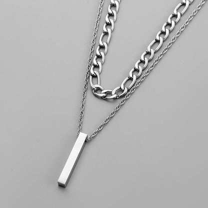 Fashion Simple Personality Domineering Men's Street Stainless Steel Double Layer Glossy Rod Pendant Necklace