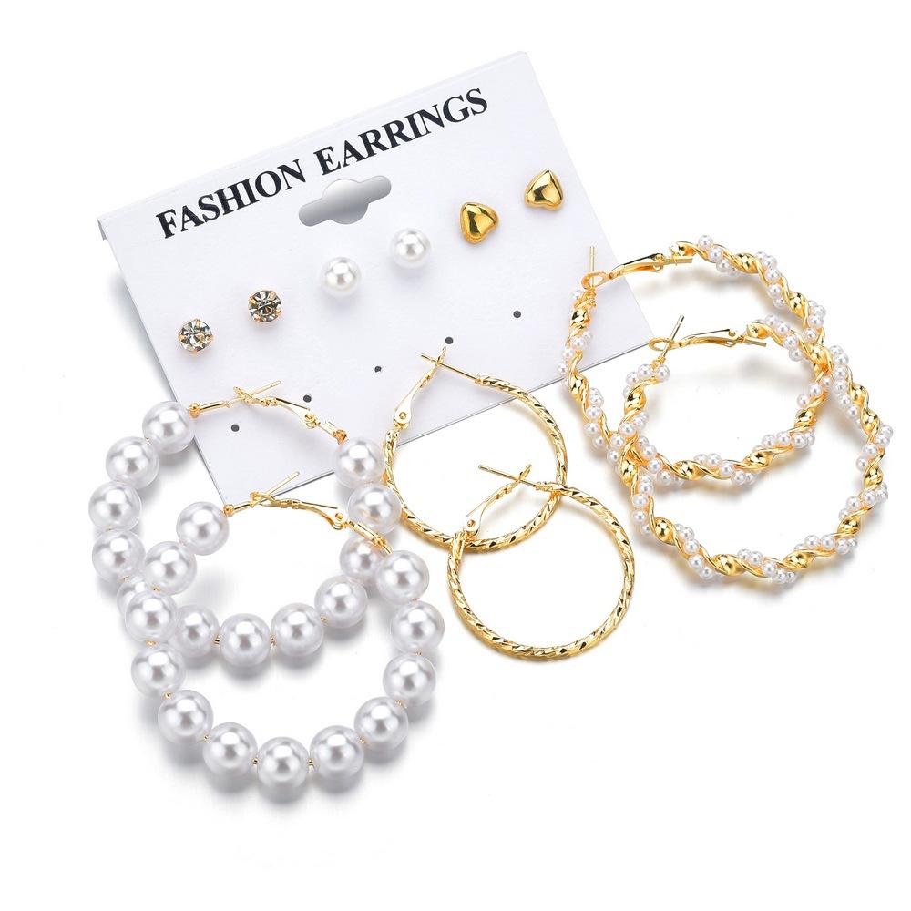 Fashion exaggerated pearl hoop earrings accessories 6 pairs heart diamond stud earrings set