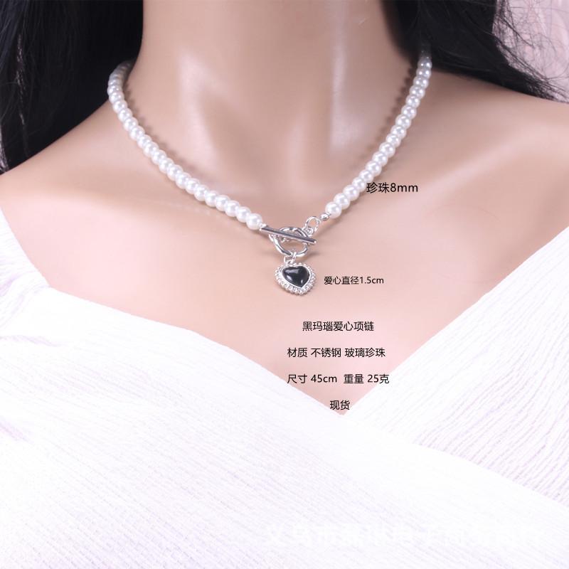 Love black agate OT buckle cold pearl stainless steel necklace light luxury design net red collarbone chain female