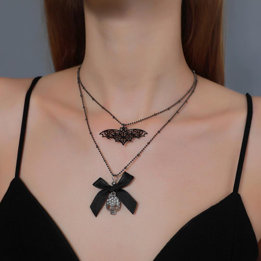 Halloween Brother Personality Bow Pendant Special Dark Bat Skull Necklace Accessories