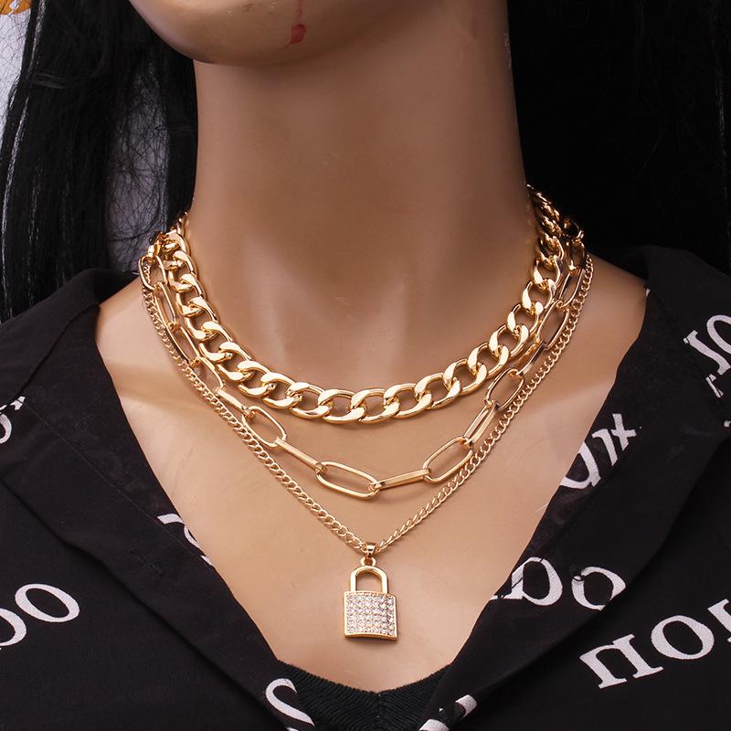 Jewelry thick chain multi-layer necklace punk temperament diamond padlock pendant multi-layer clavicle chain
