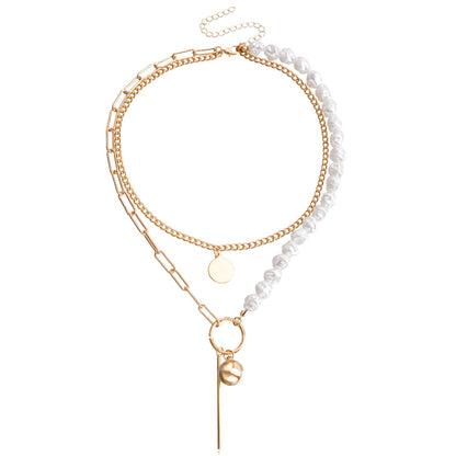Jewelry Stitching Chain Imitation Baroque Shaped Pearl Necklace Geometric Ball Long Stick Pendant Necklace