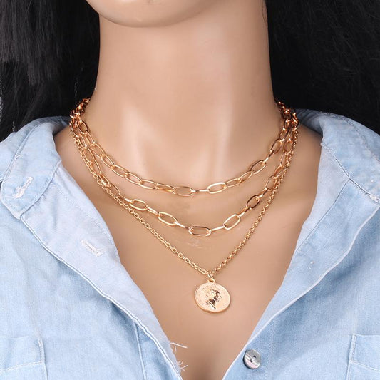 Net red same necklace hip-hop portrait coin pendant clavicle chain multi-layer chain necklace sweater chain jewelry