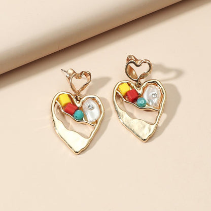 Geometric Pearl Color Gravel Earrings Heart Hollow Ear Studs Retro Temperament Fashion Trendy Earrings