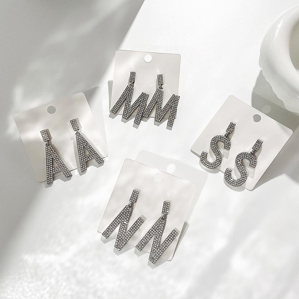 Ins full diamond letter earrings female fashion temperament niche design English letter earrings temperament earrings tide