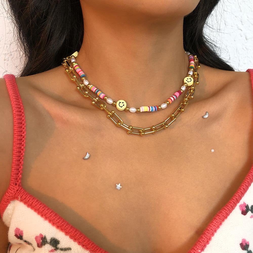 N9664 Geometric Color Necklace Women's U-shaped Chain Smiley Soft Pottery Necklace Creative Temperament Hollow Necklace