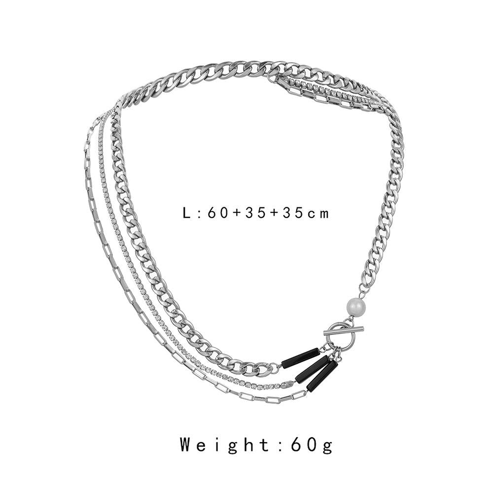 Fashionable atmosphere stainless steel pearl black glass multi-layer necklace titanium steel hip-hop ins long OT buckle necklace