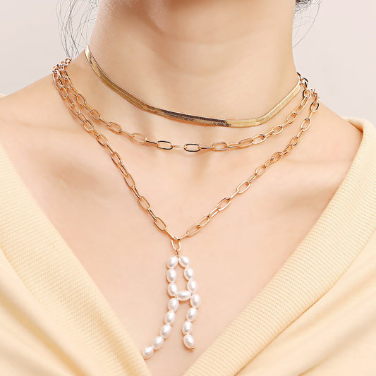 Jewelry punk multi-layer clavicle chain imitation pearl letter A pendant necklace female all-match niche design