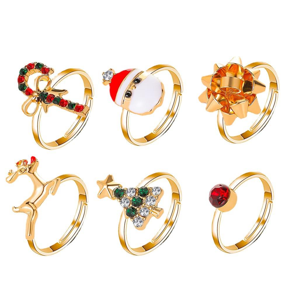 Christmas Ornaments Cute Cartoon Elk Christmas Tree Ring 6-Piece Set Drip Oil Opening Adjustable Ring Jewelry