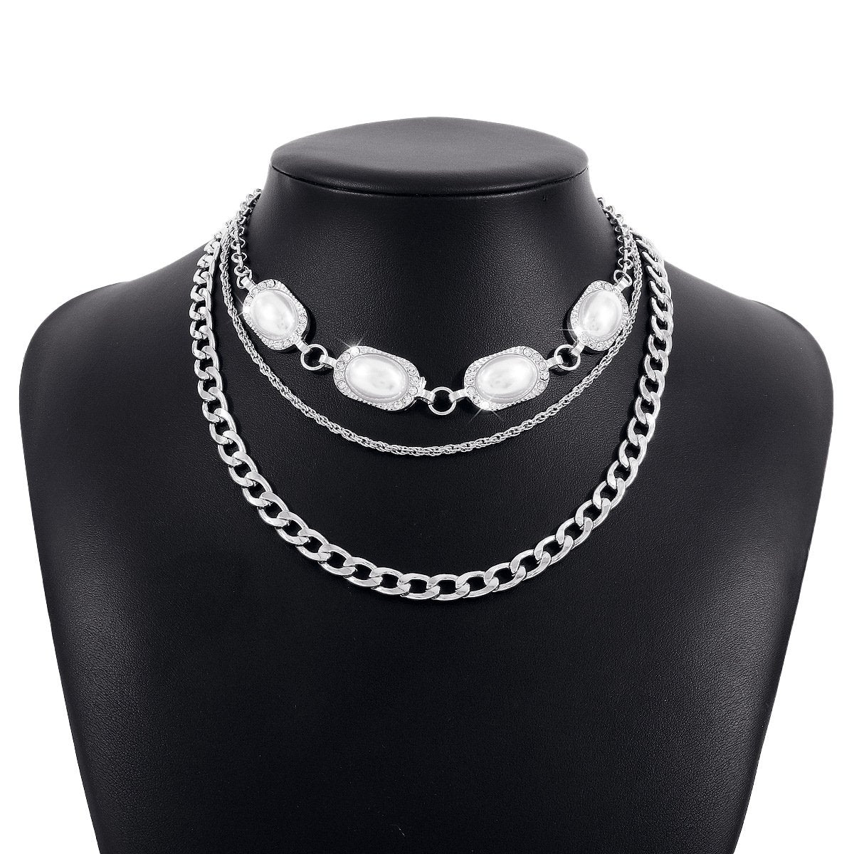 N182 jewelry personalized multi-layer twist Cuban chain imitation pearl necklace temperament geometric necklace