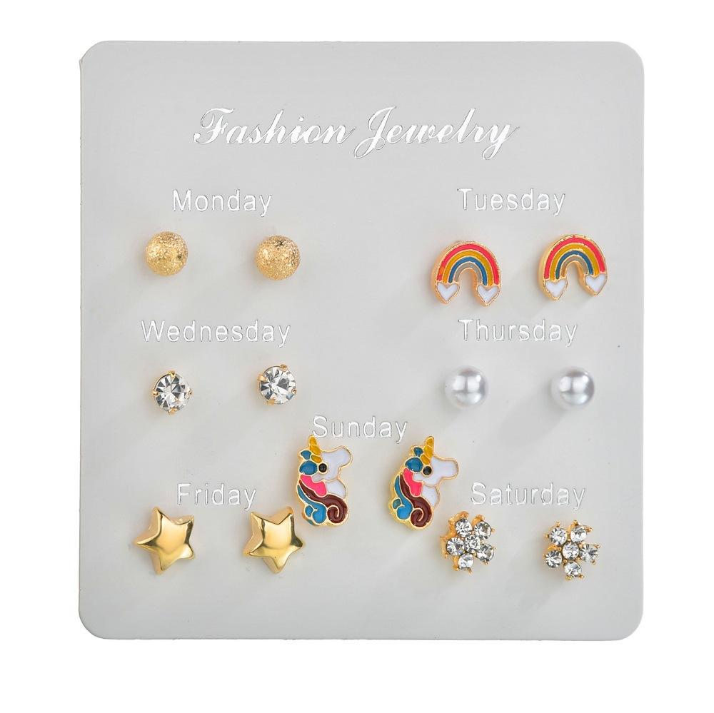 One week earring combination set Internet celebrity cartoon cute rainbow unicorn earrings student female earrings