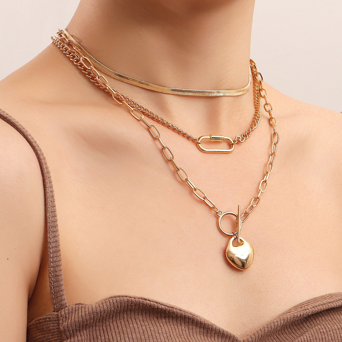 Jewelry punk multi-layer flat snake chain geometric peach heart pendant necklace female ins love necklace