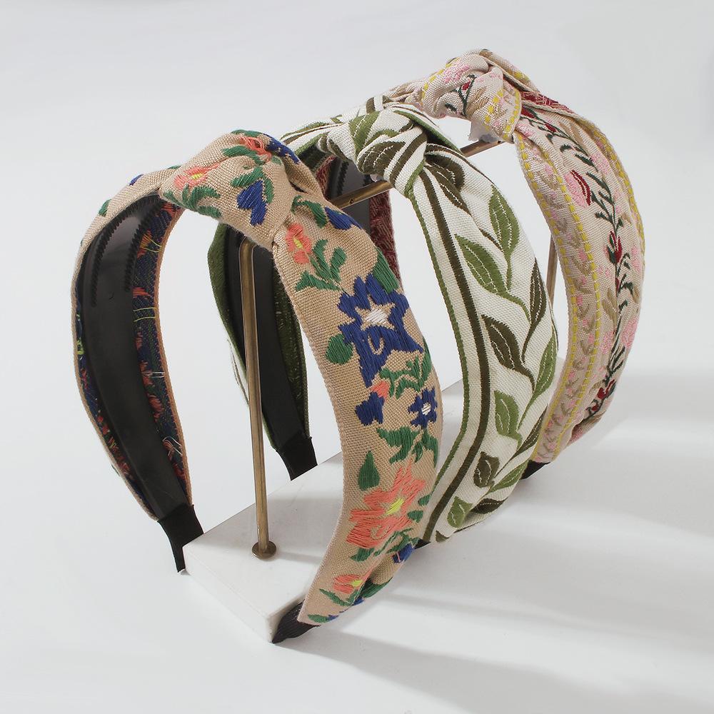 F3964 Simple Fabric Art Headband Small Fresh Knotted Sweet Hair Accessories Embroidered Leaves Flowers Fashion Headband