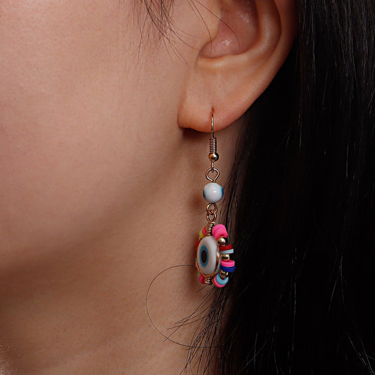 Jewelry geometric color soft pottery devil's eye tassel earrings female niche design high-end earrings