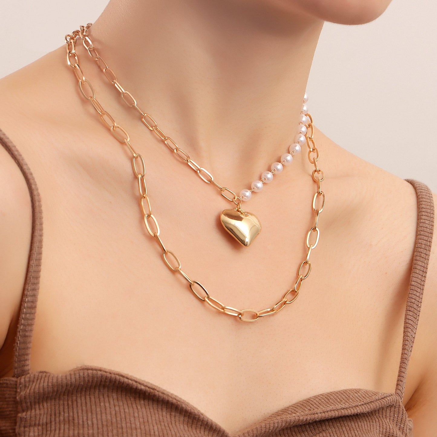 Jewelry punk double-layer geometric big heart pendant imitation pearl necklace female ins all-match necklace