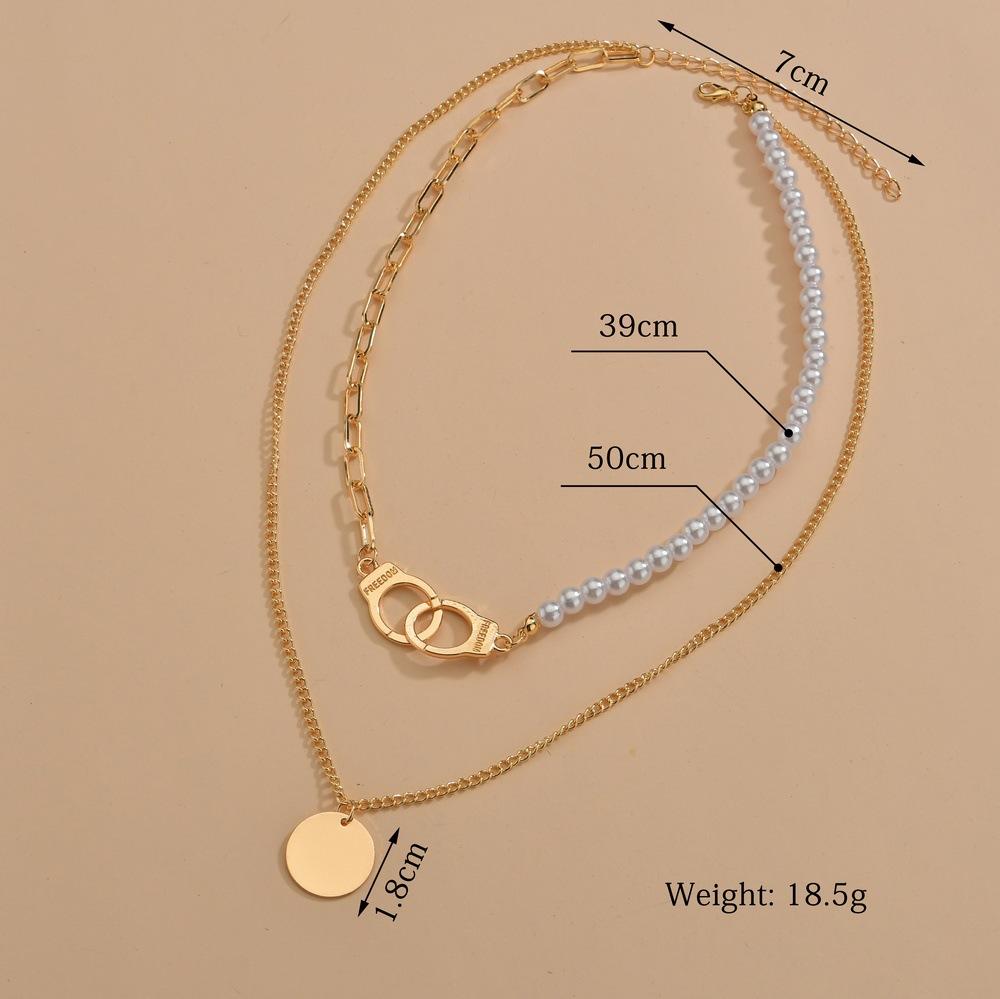 Fashion Alloy Handcuffs Round Iron Sheet Pendant Multilayer Necklace Imitation Pearl Clavicle Chain Necklace Accessories