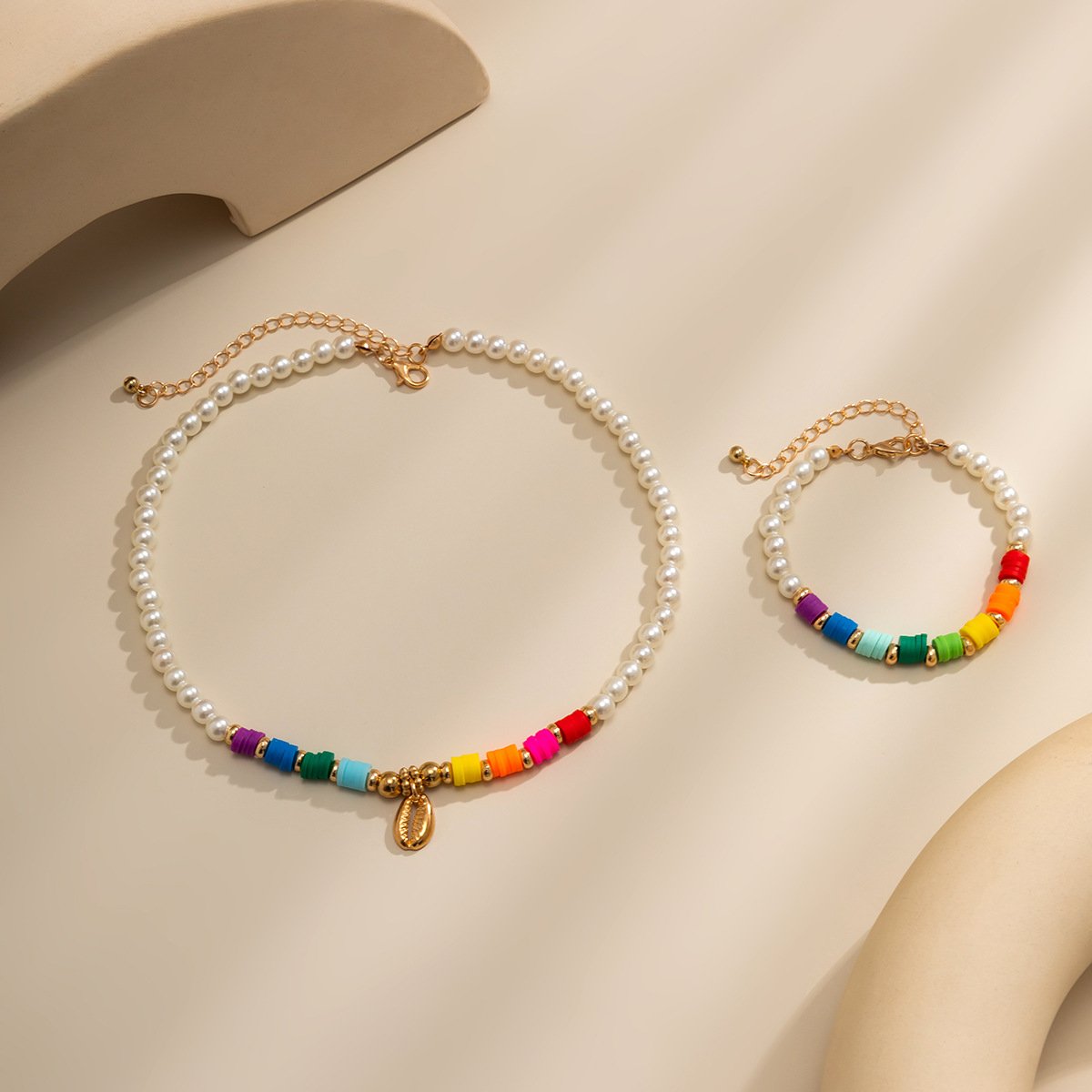 Jewelry Ethnic Color Soft Pottery Pearl Necklace Summer Metal Shell Pendant Clavicle Necklace